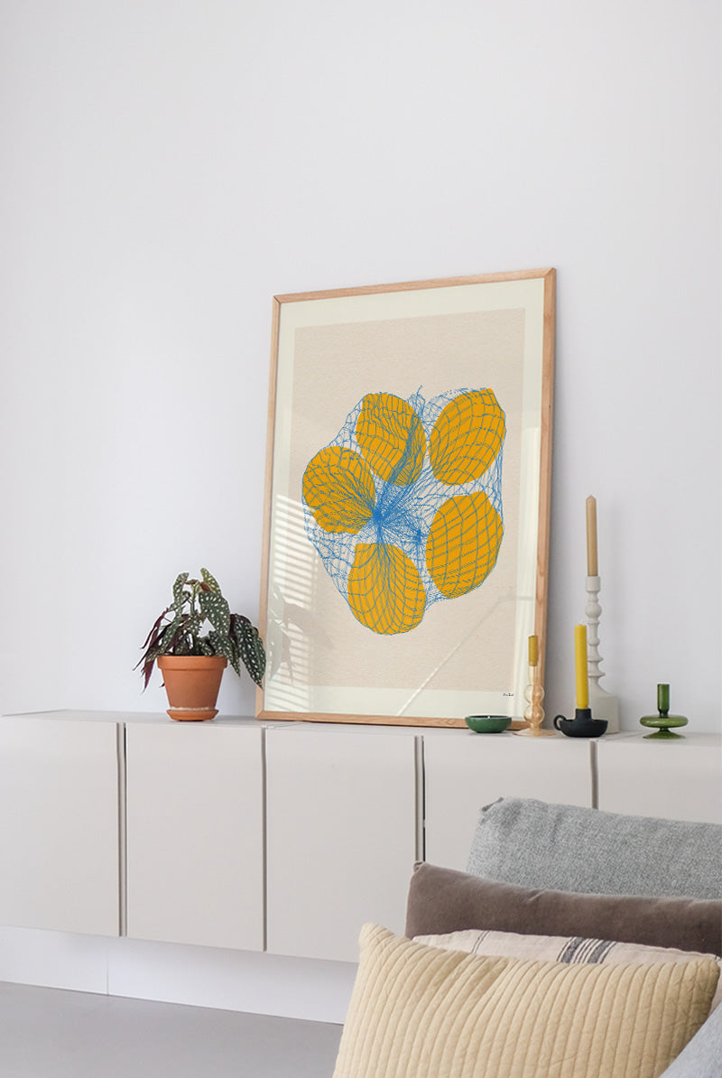 Druck - Five lemons in a net bag