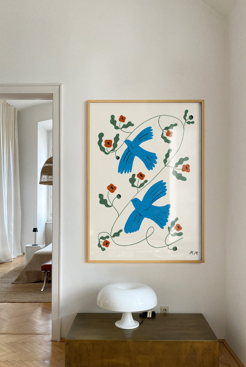 Druck - Blue Doves with Poppies