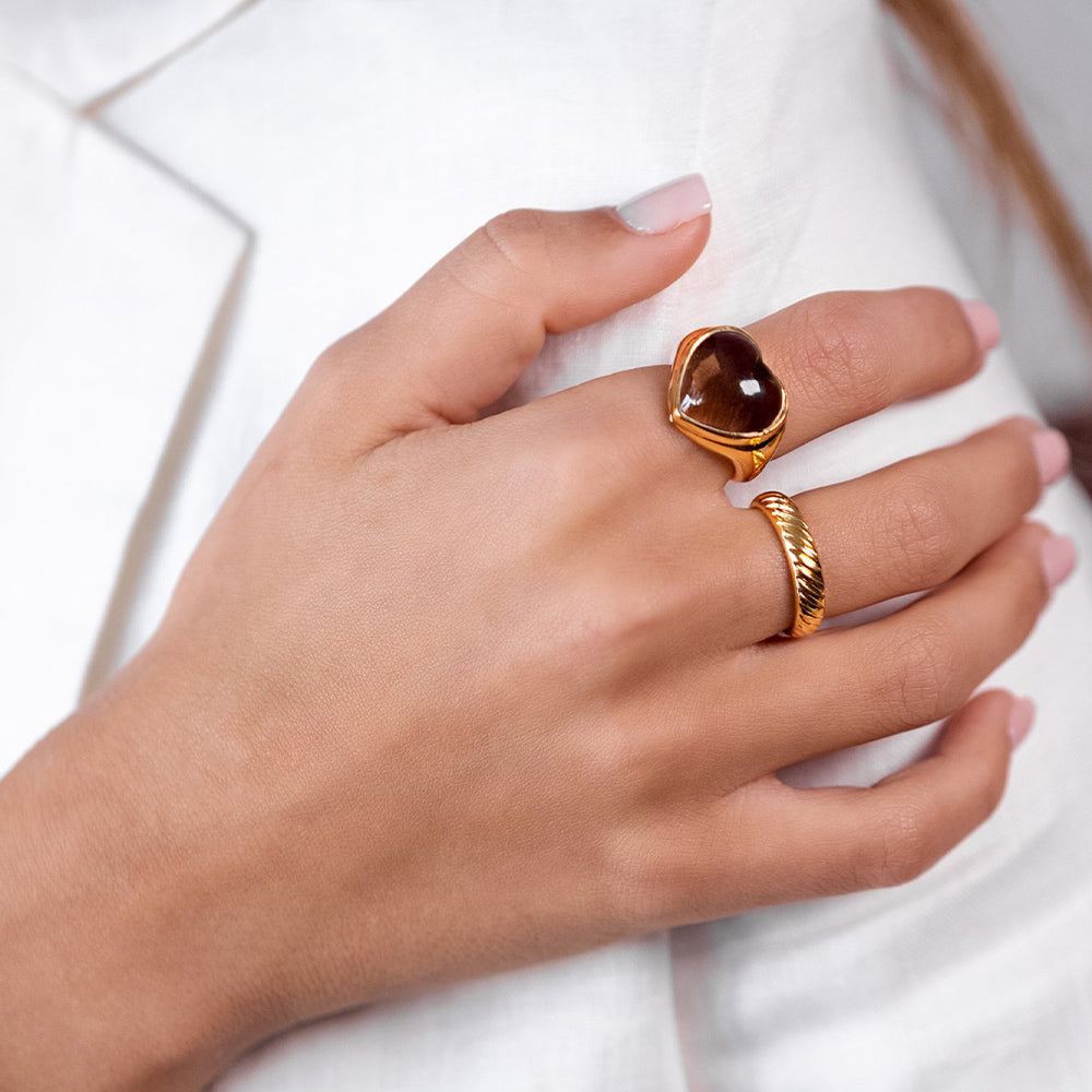 Ring La La Love Big Heart mit Rauchquarz - gold