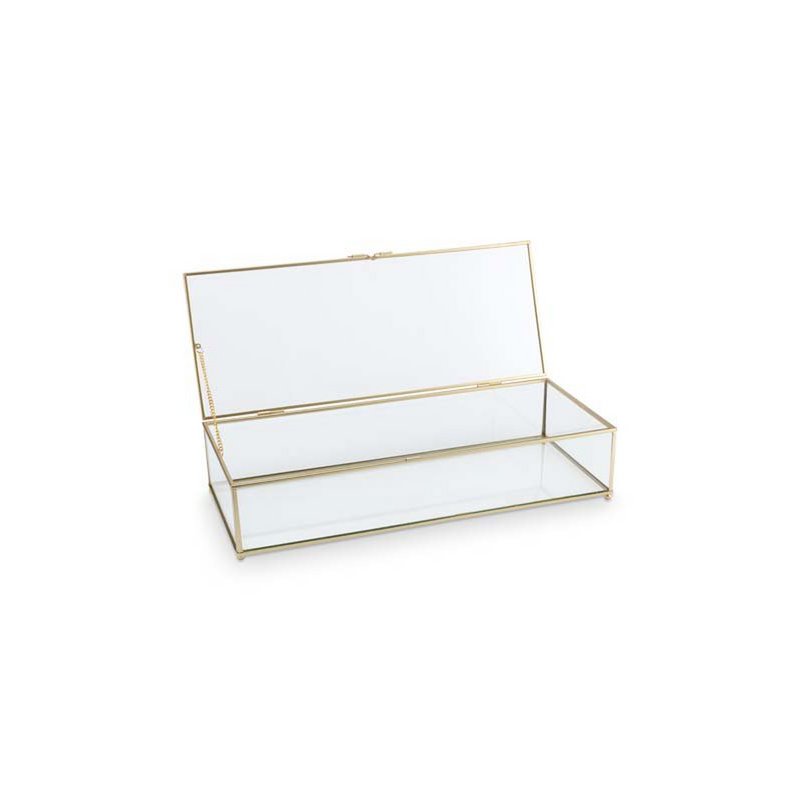 Aufbewahrungsbox aus Glas mit goldenem Metallrahmen, 42 x 16,5 x 9 cm