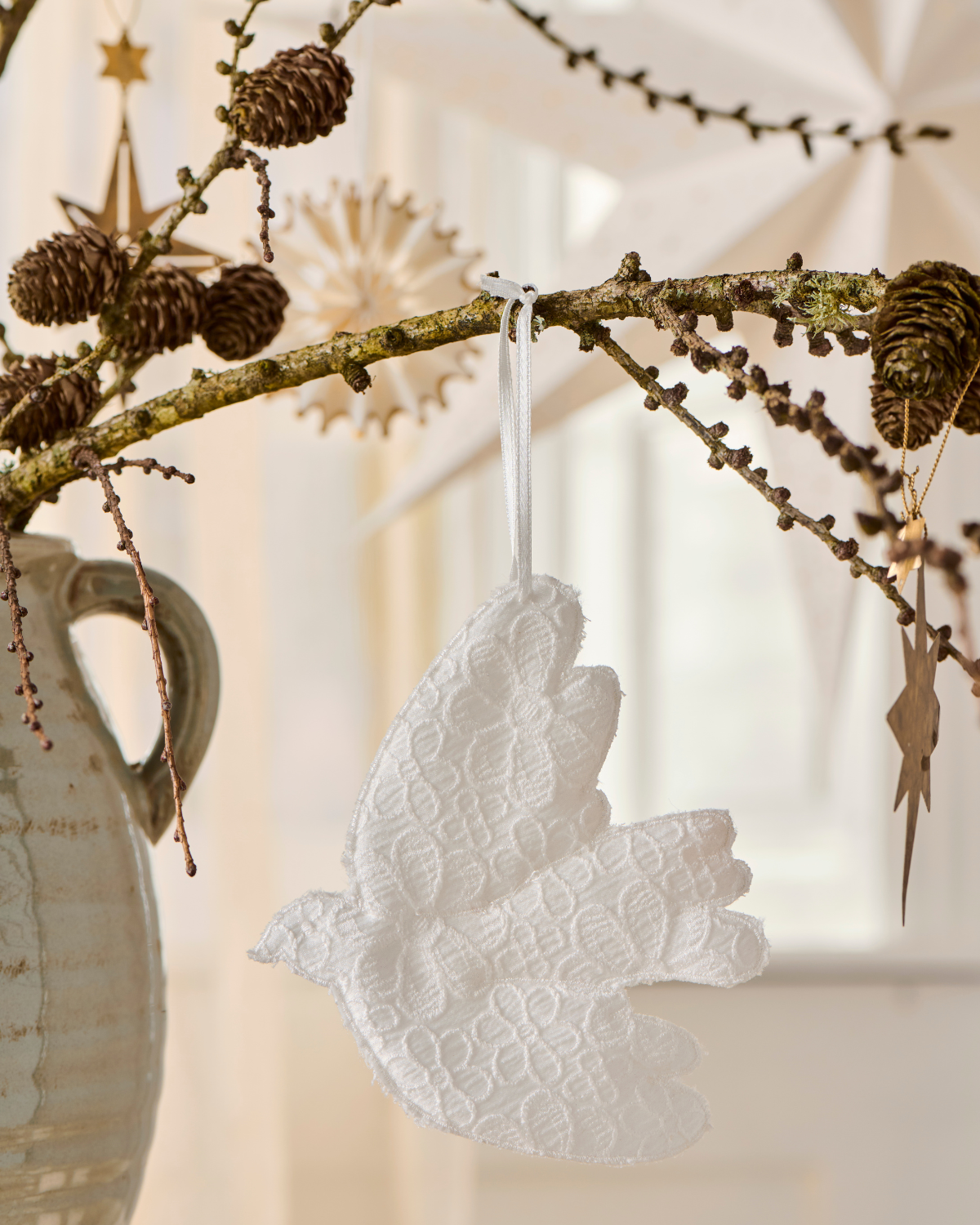 Stoff-Anhänger Vogel Broderie Anglaise - Weiß