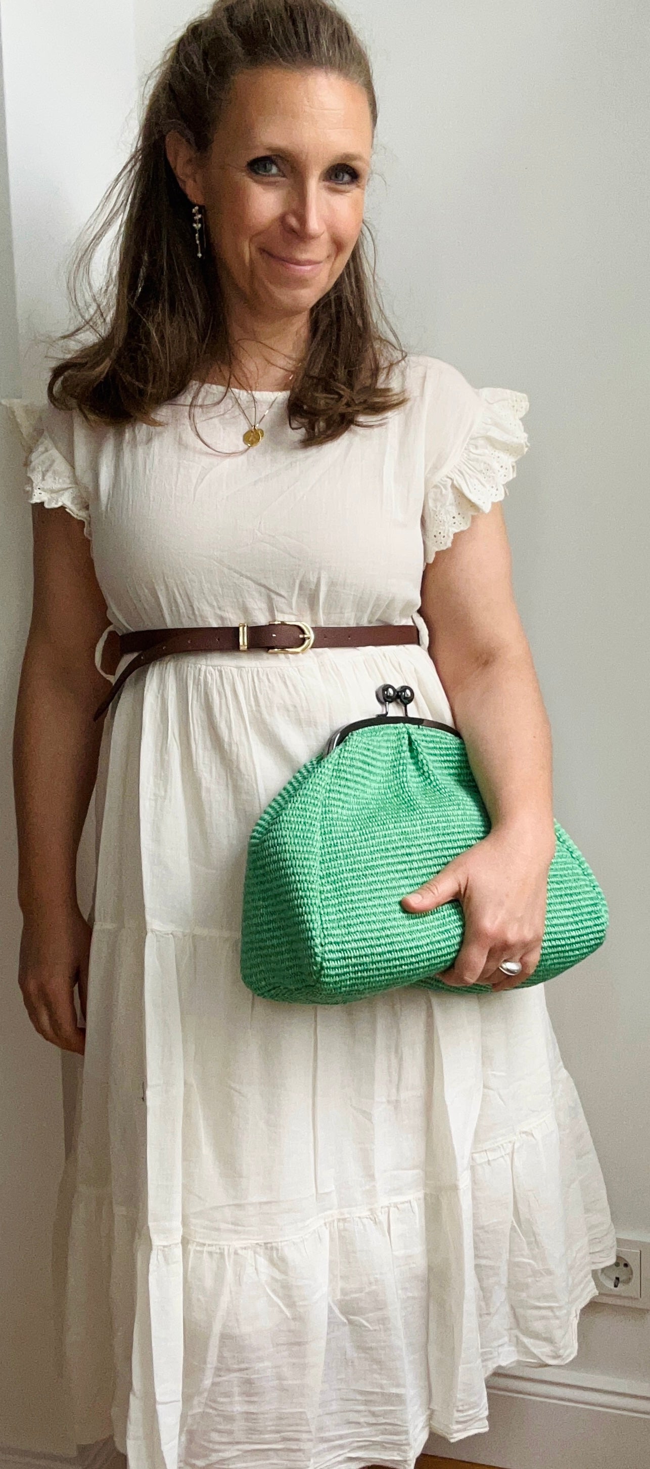 Große Clutch im Raffia-Stil - silber / hellgrün