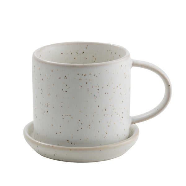 Kleine Tasse mit Untersetzer - weiß gesprenkelt