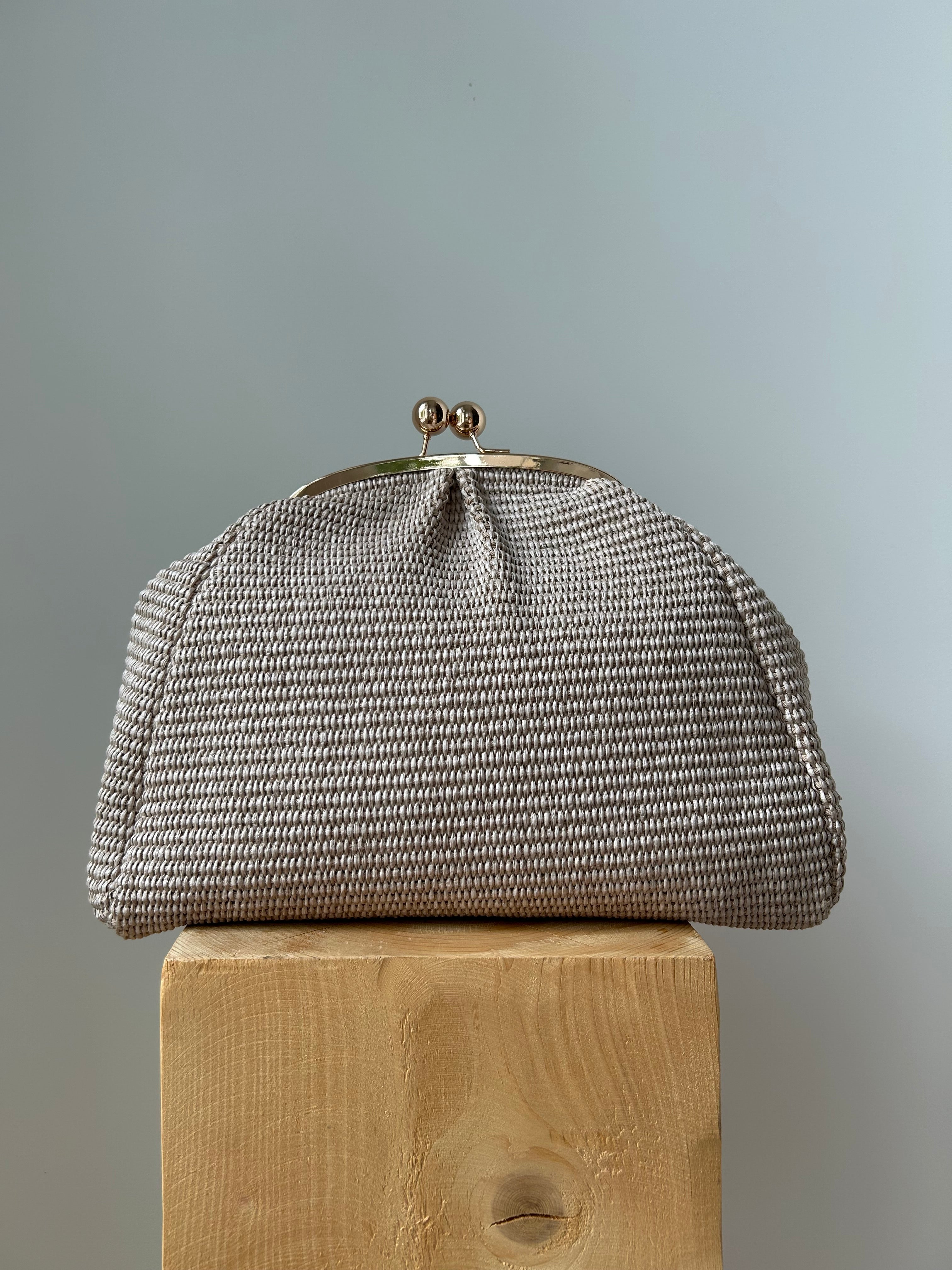 Große Clutch im Raffia-Stil - roségold / leinen