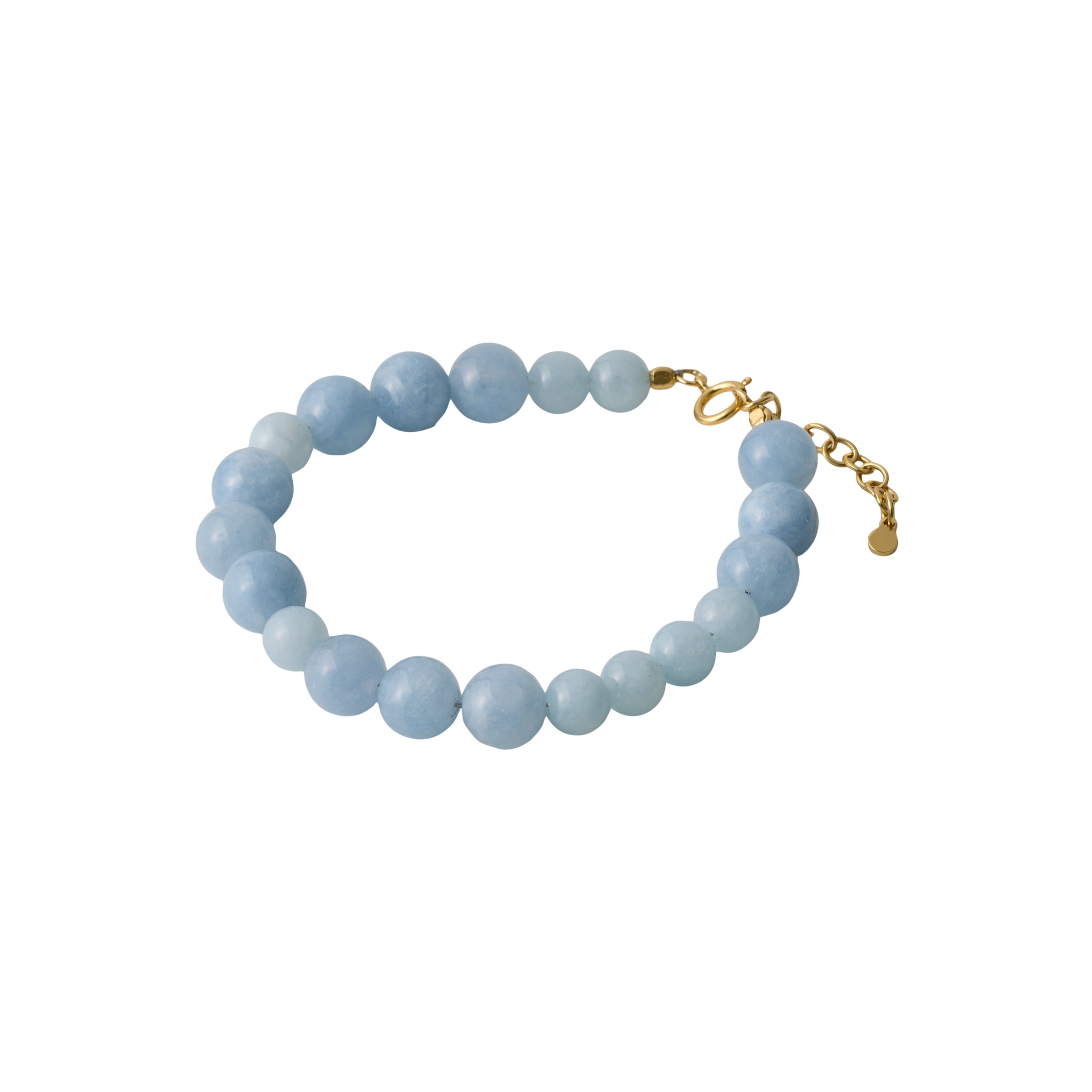 Filigranes Blue Sky Armband aus vergoldetem recyceltem Silber mit blauen Achatsteinen in Frontansicht