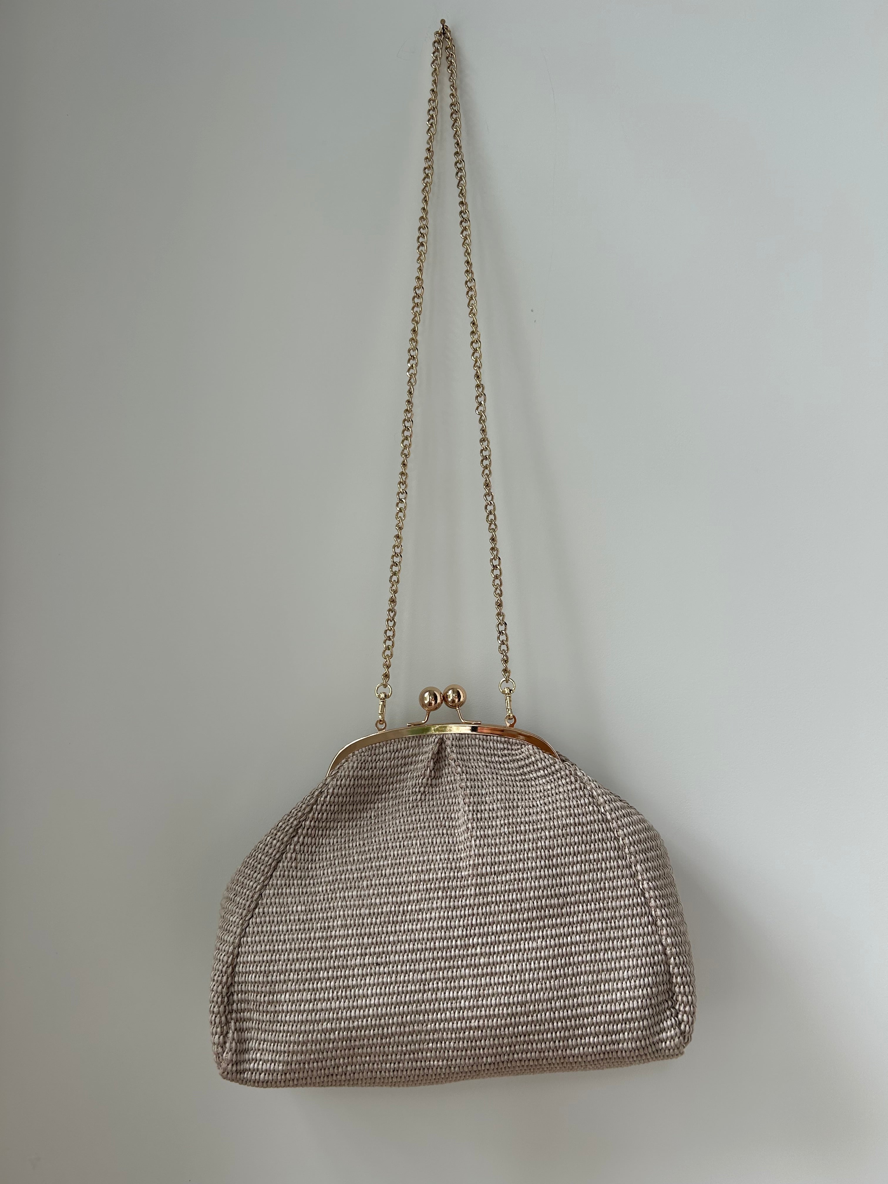 Große Clutch im Raffia-Stil - roségold / leinen