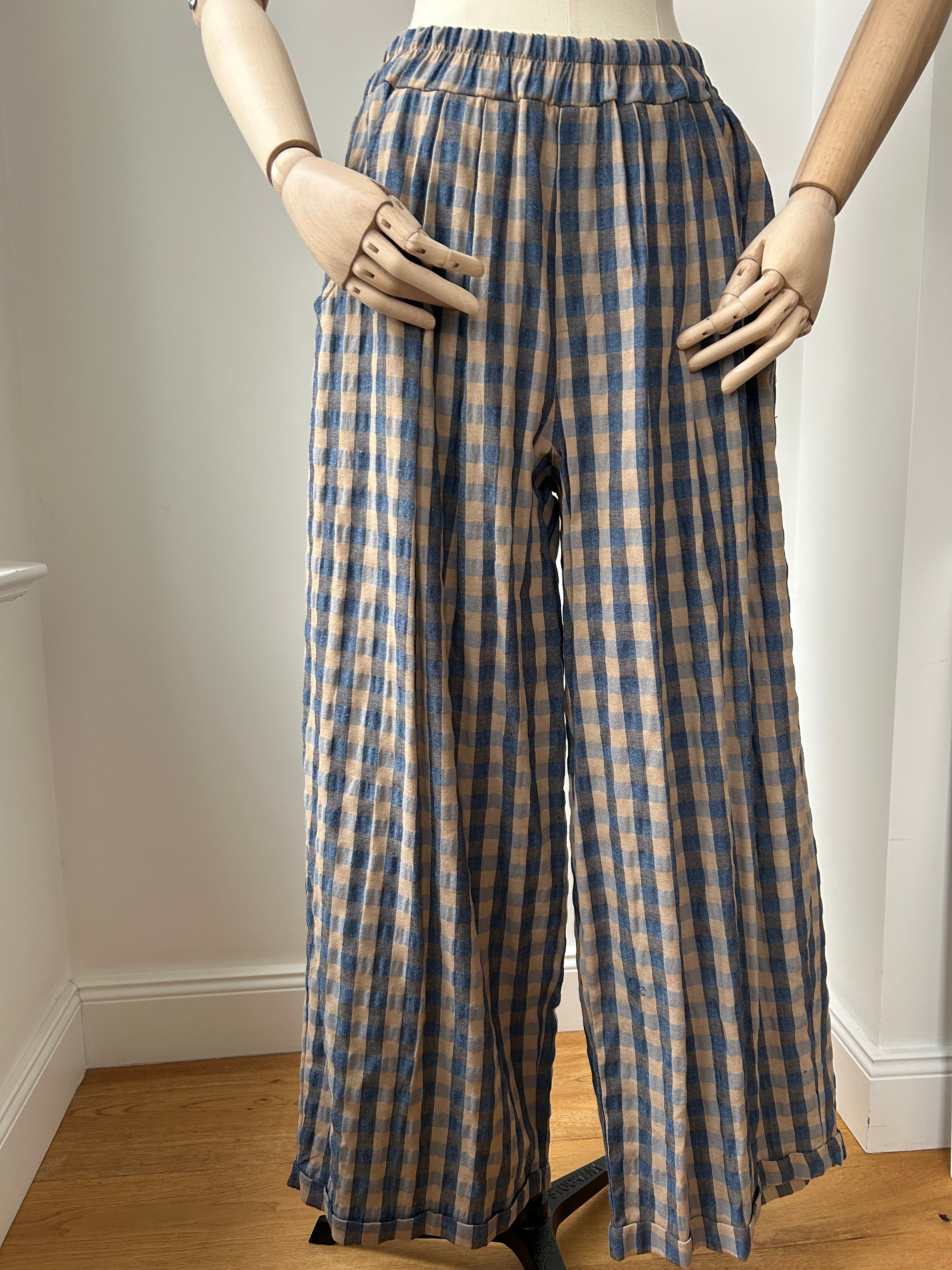 Karohose - hellbraun - blau