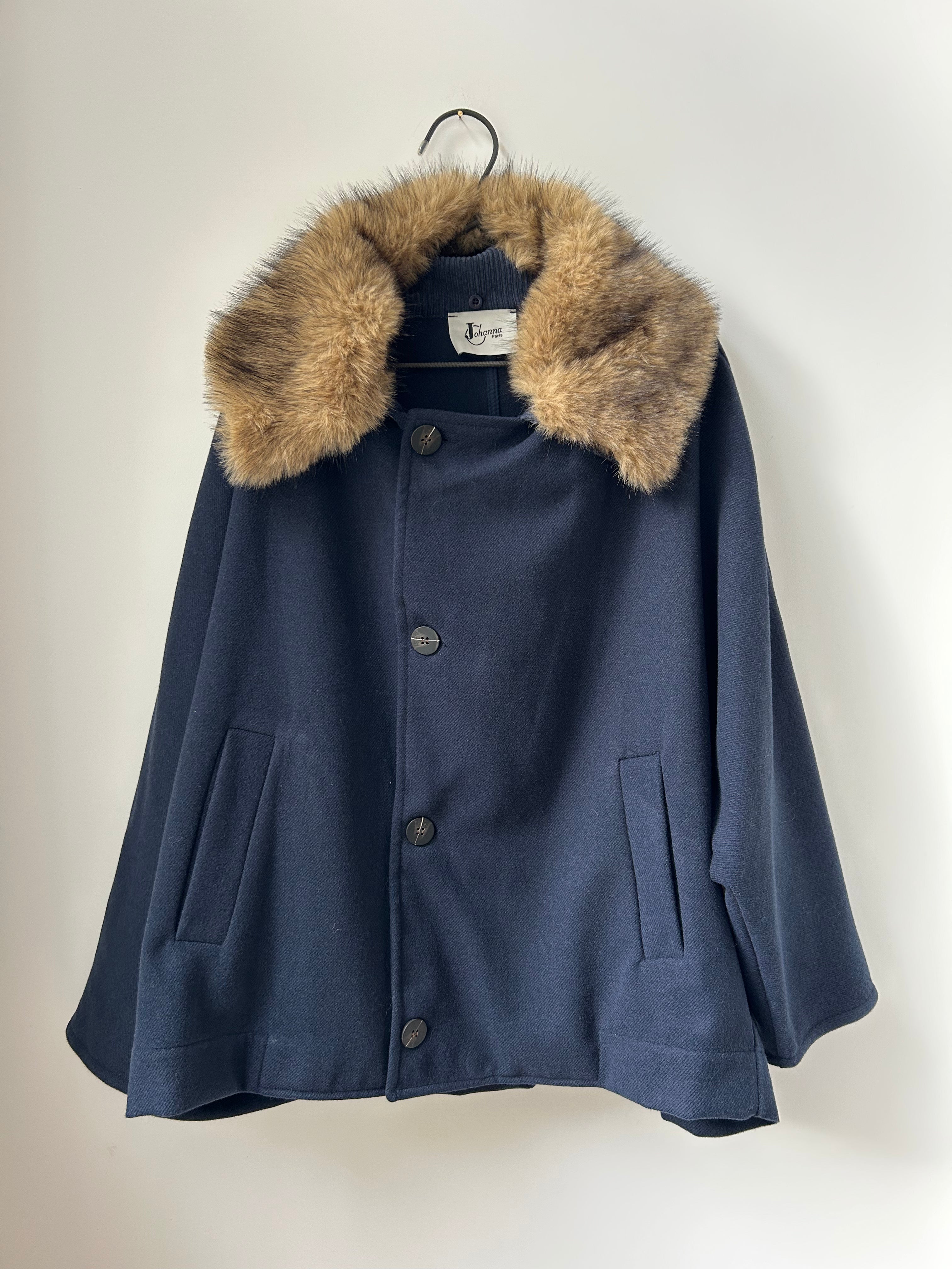 Cape-Jacke mit Faux Fellkragen zum Abknöpfen - blau