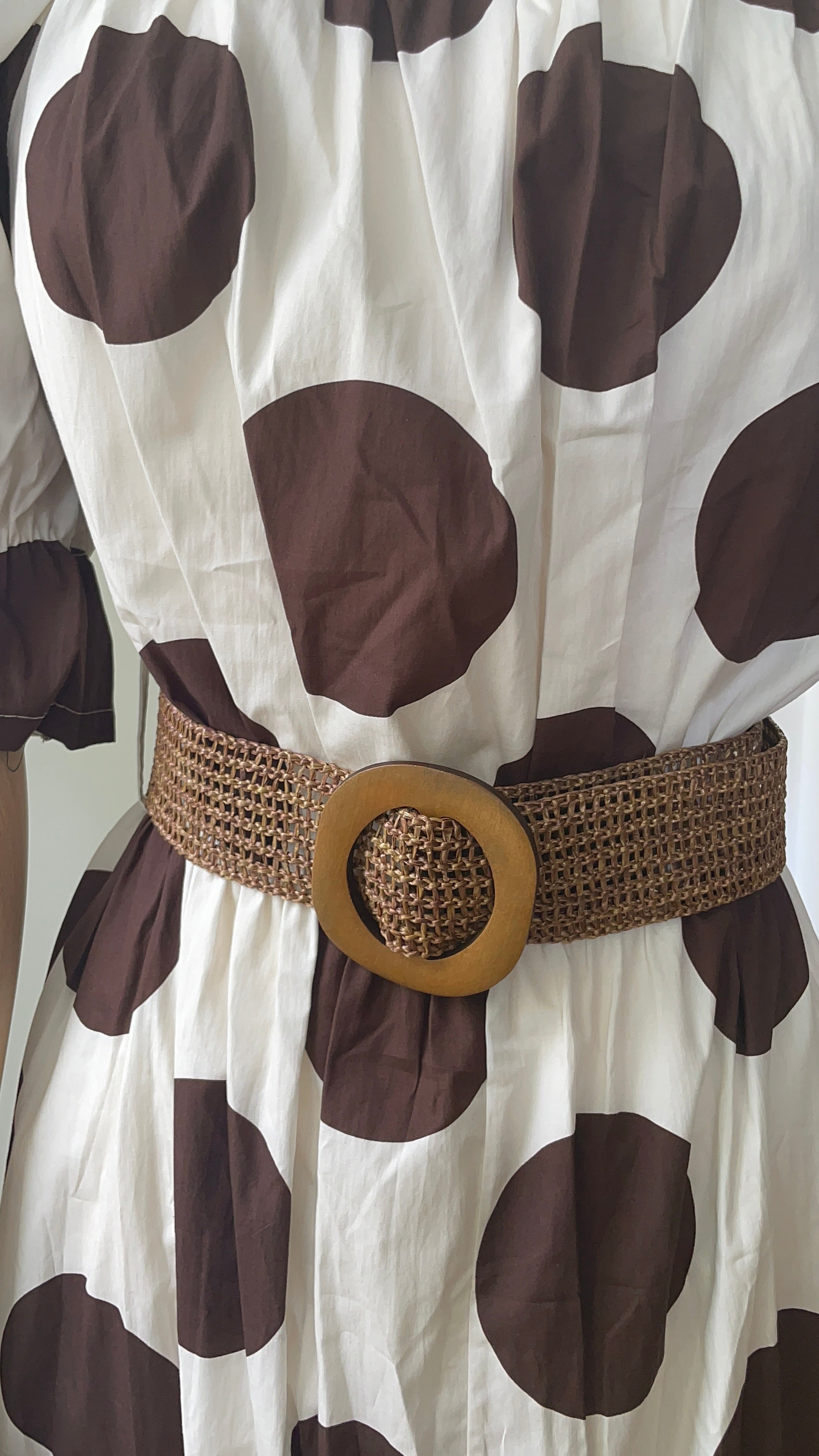 Carmen-Kleid mit Polka Dots - creme & braun