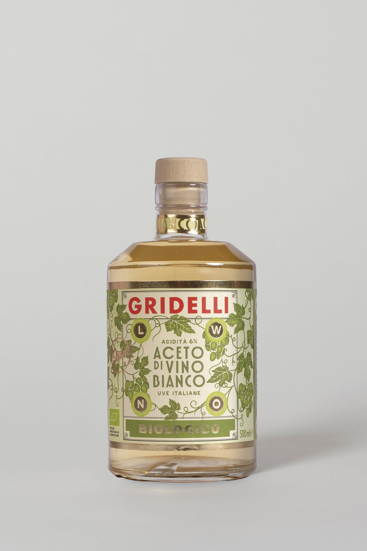 Detailaufnahme der Gridelli Aceto di Vino Bianco Bio Flasche – Premium Weißweinessig