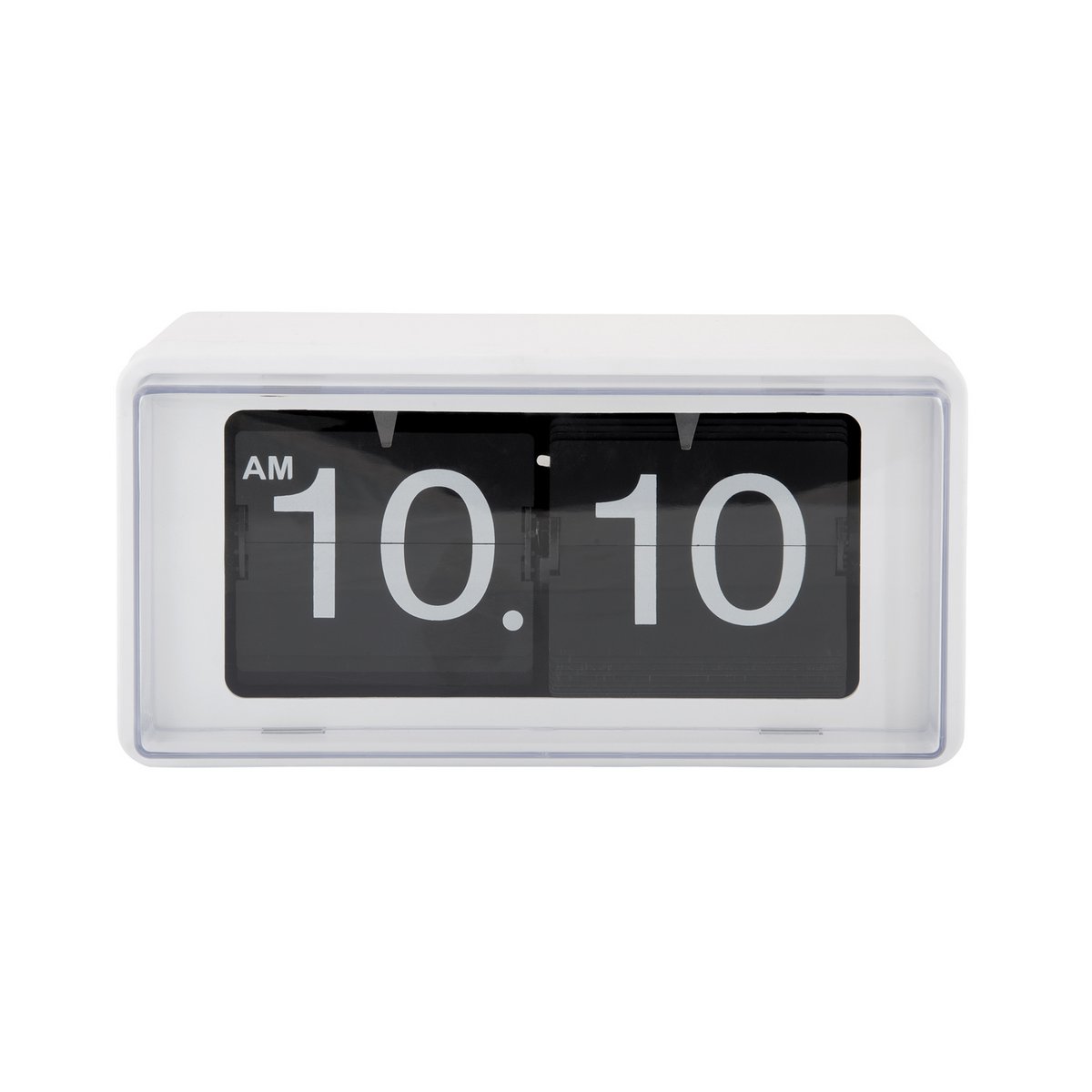Frontansicht der weißen Karlsson Flip Clock – Vintage-Design pur