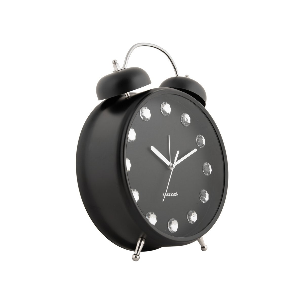 Karlsson Glam Diamonds Wecker – elegante Schrägansicht in Schwarz
