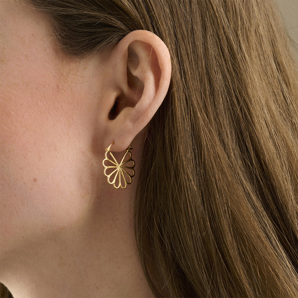 Nahaufnahme: Model trägt goldene Bellis Ohrringe von Pernille Corydon – zarter Frühlingsschmuck im skandinavischen Stil