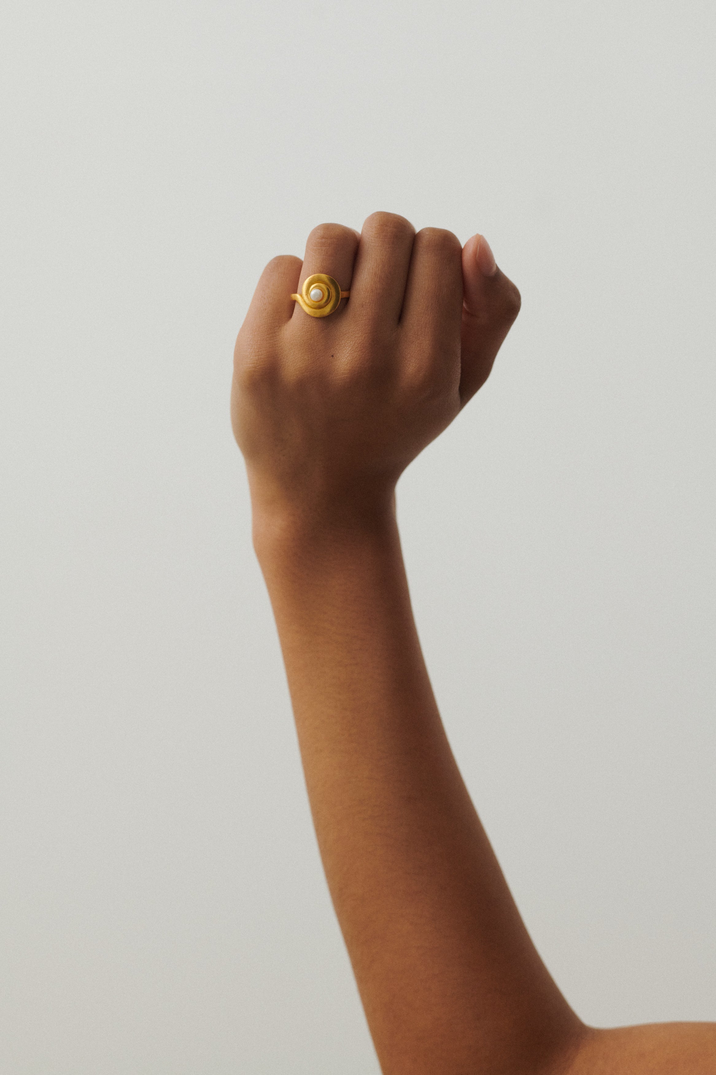 Shell Flower Goldring dekorativ arrangiert auf stilvollem Interior-Hintergrund