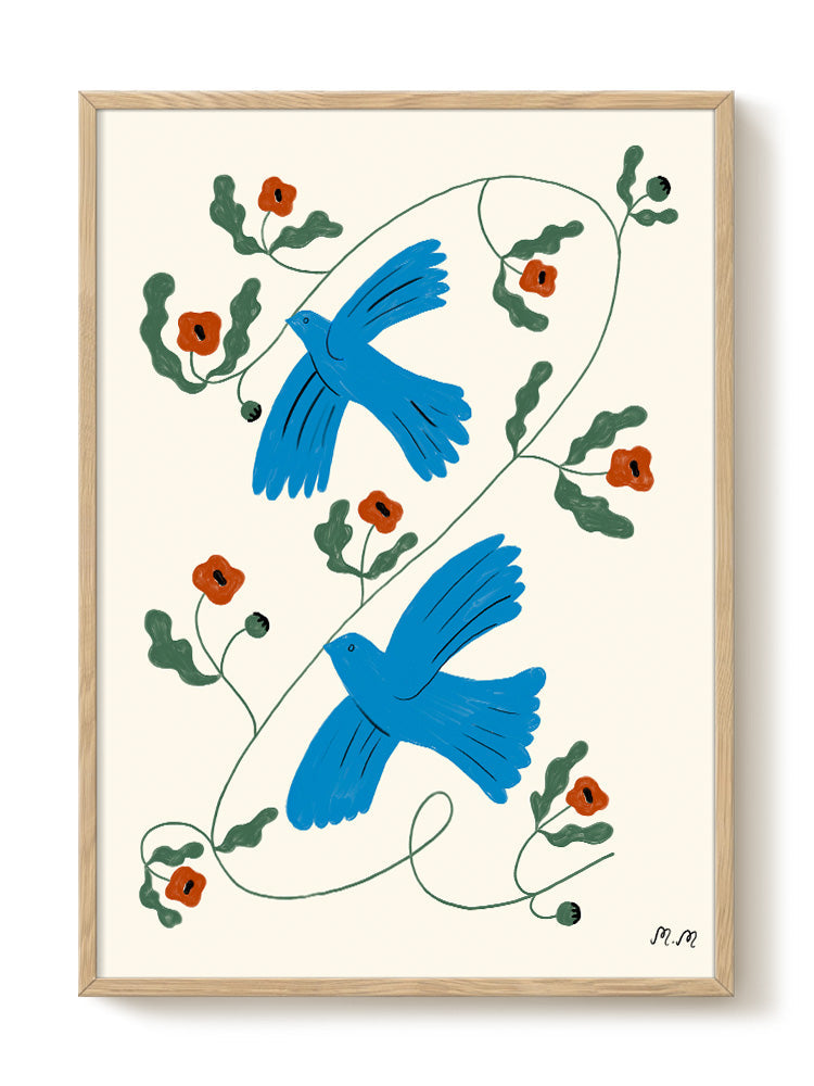 Druck - Blue Doves with Poppies