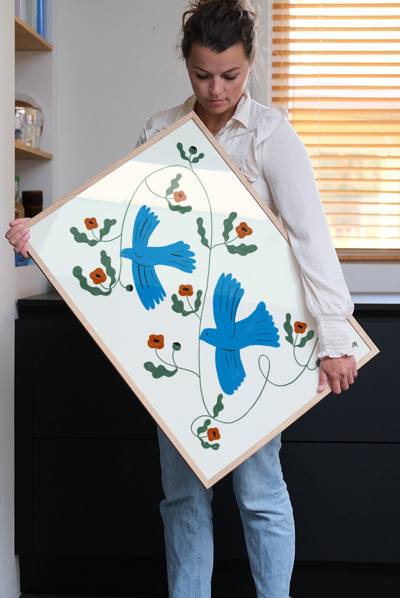 Druck - Blue Doves with Poppies