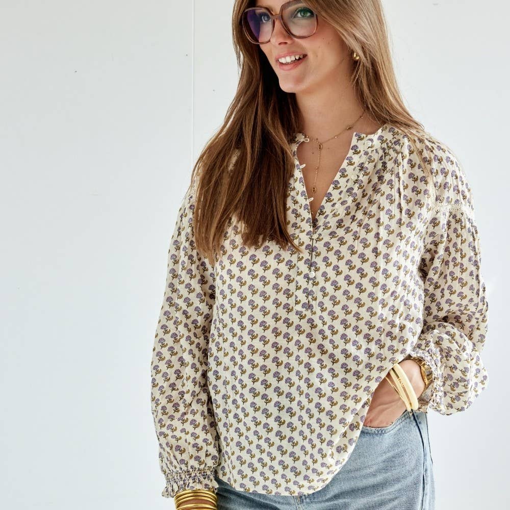 Damenbluse Noura mit Blumenmuster - Ecru (S/M)