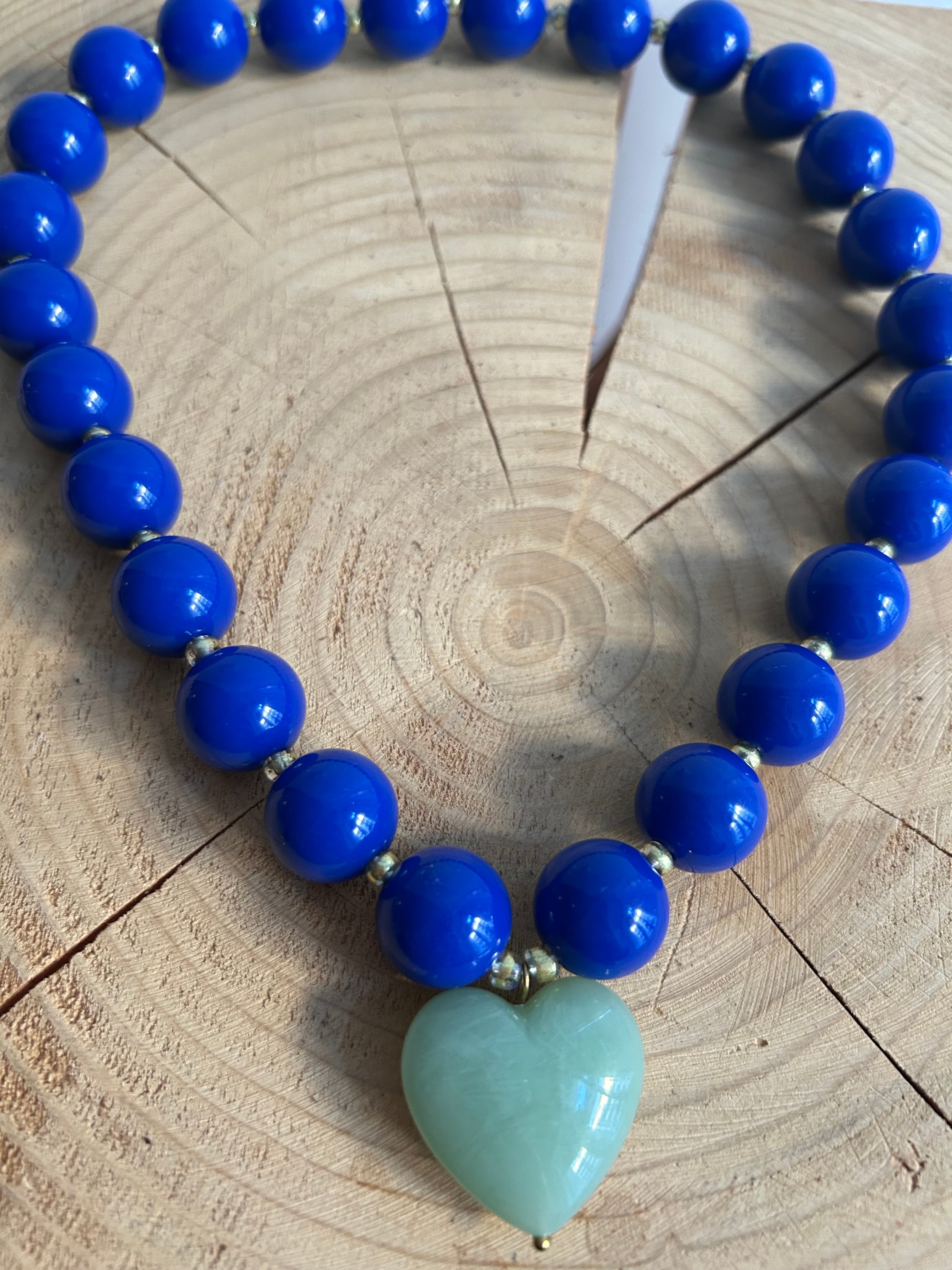 Halskette mit Perlen und Herz - Blau und Grün