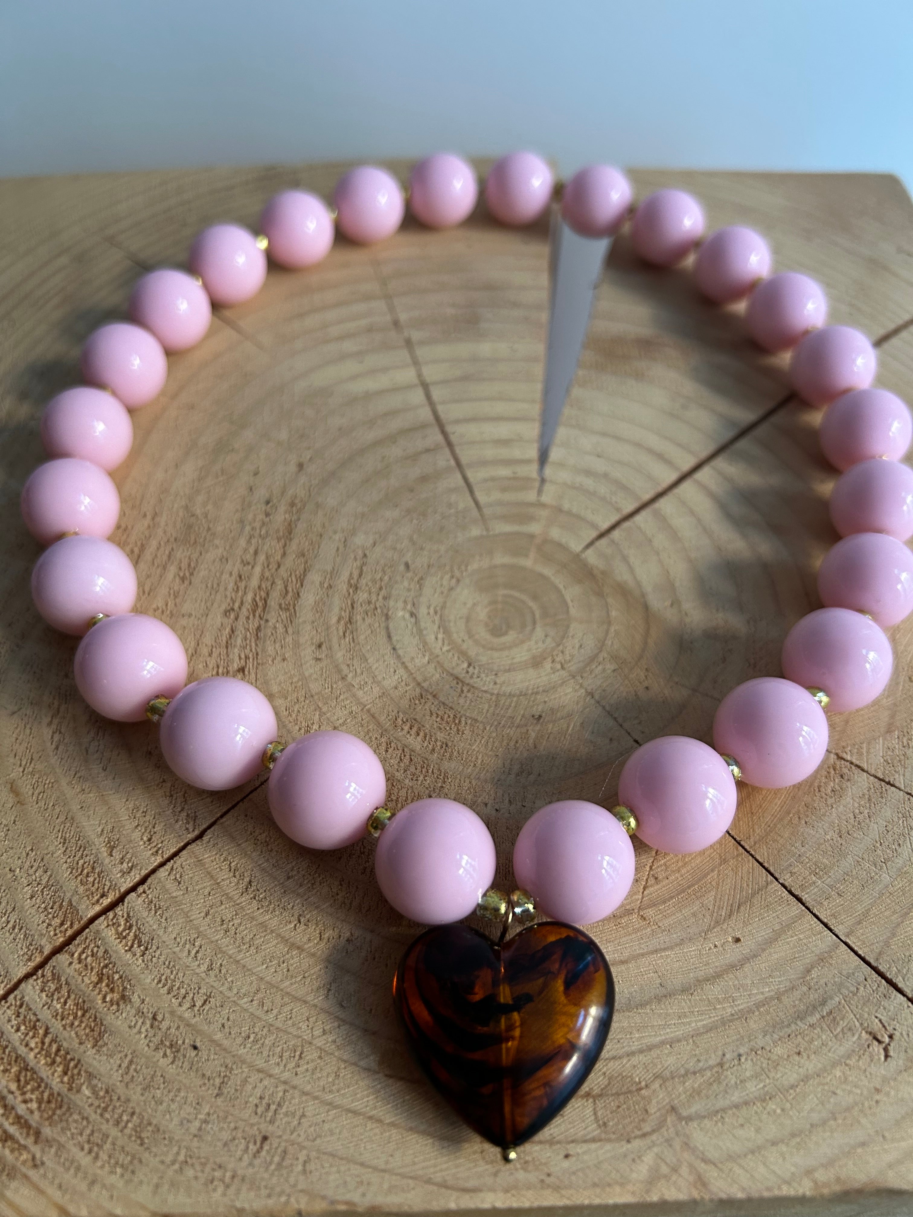 Halskette mit Perlen und Herz - Rosa und Braun