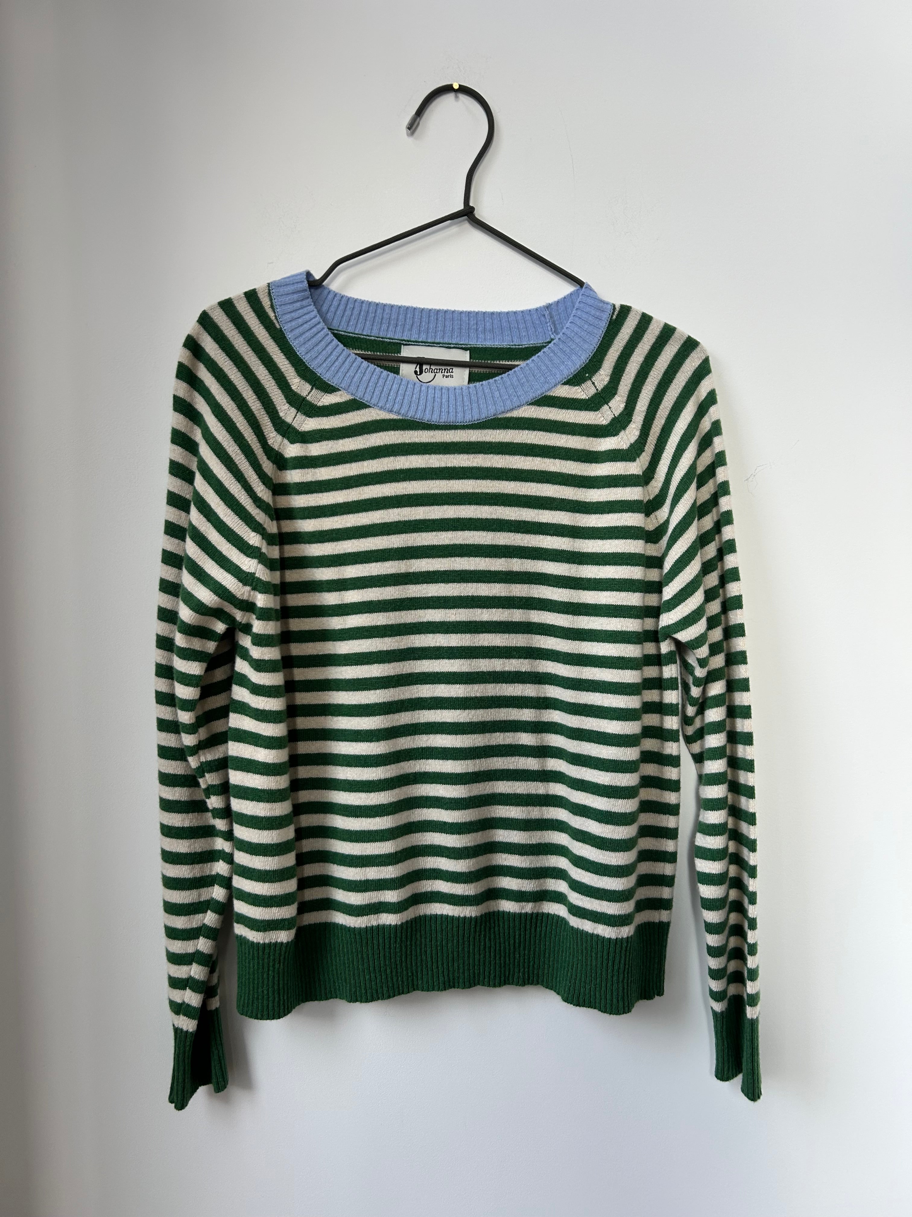 Schmaler Ringelpullover mit Kaschmir - grün / hellblau