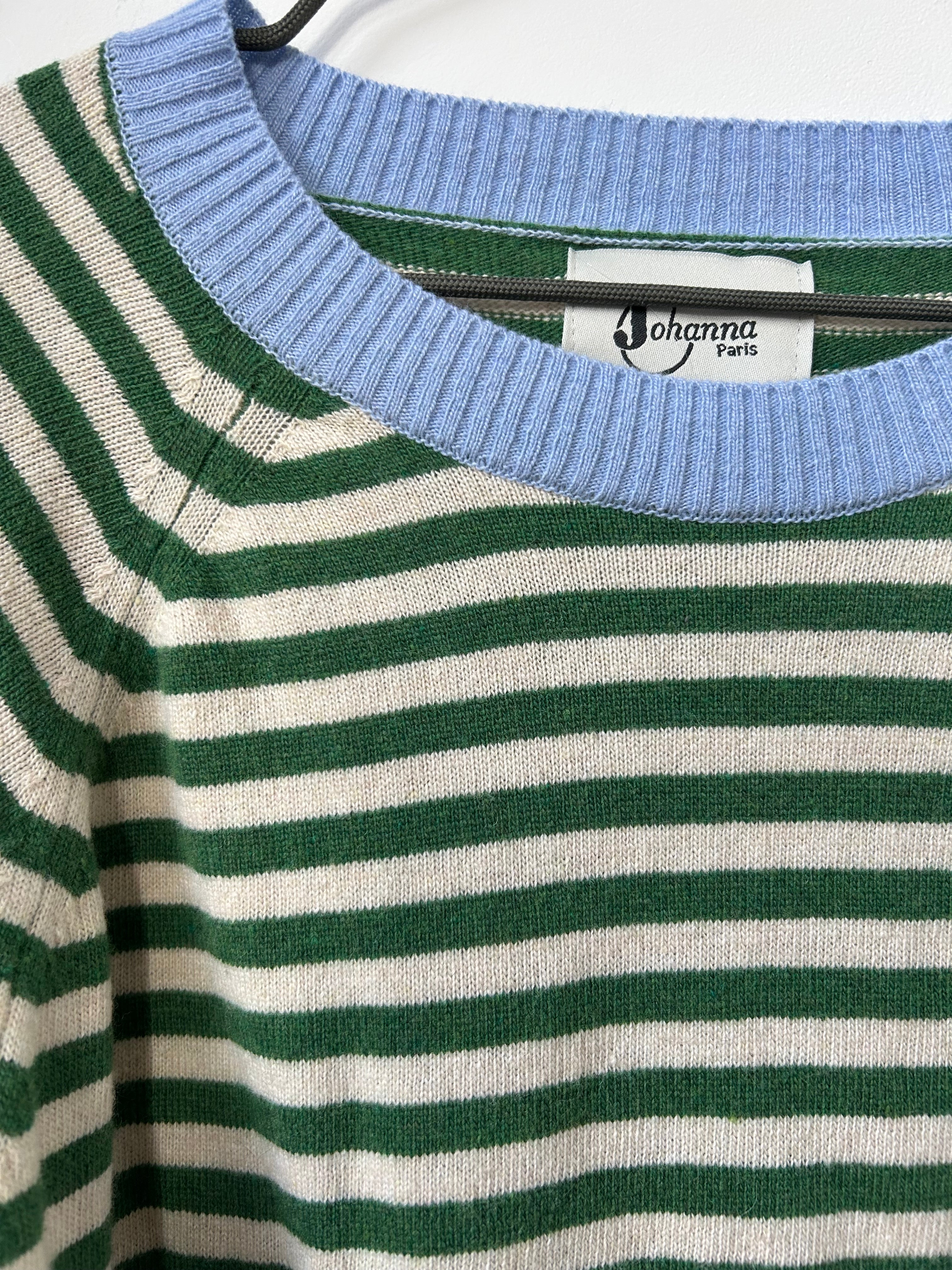 Schmaler Ringelpullover mit Kaschmir - grün / hellblau