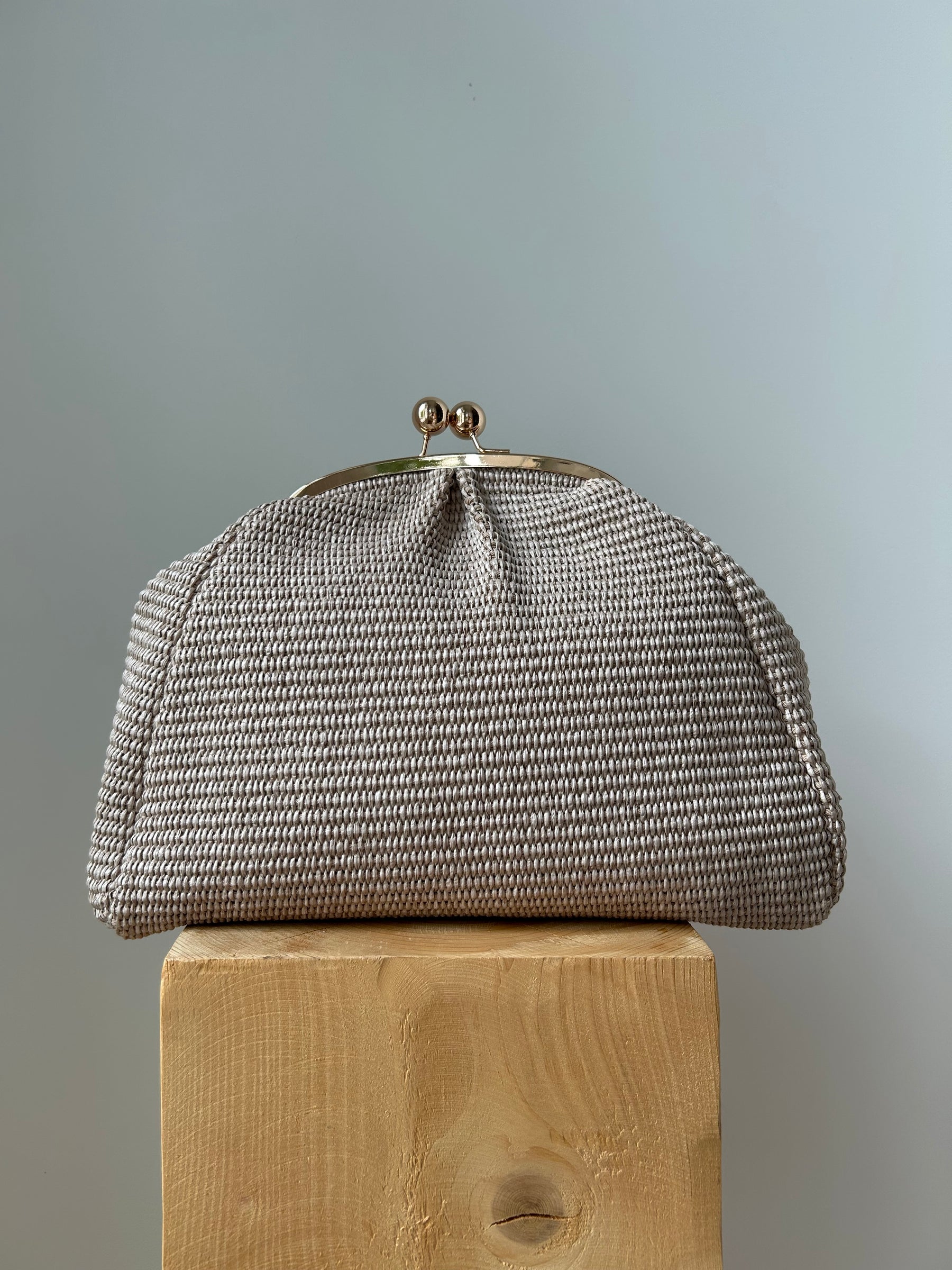 Große Clutch im Raffia-Stil - roségold / leinen