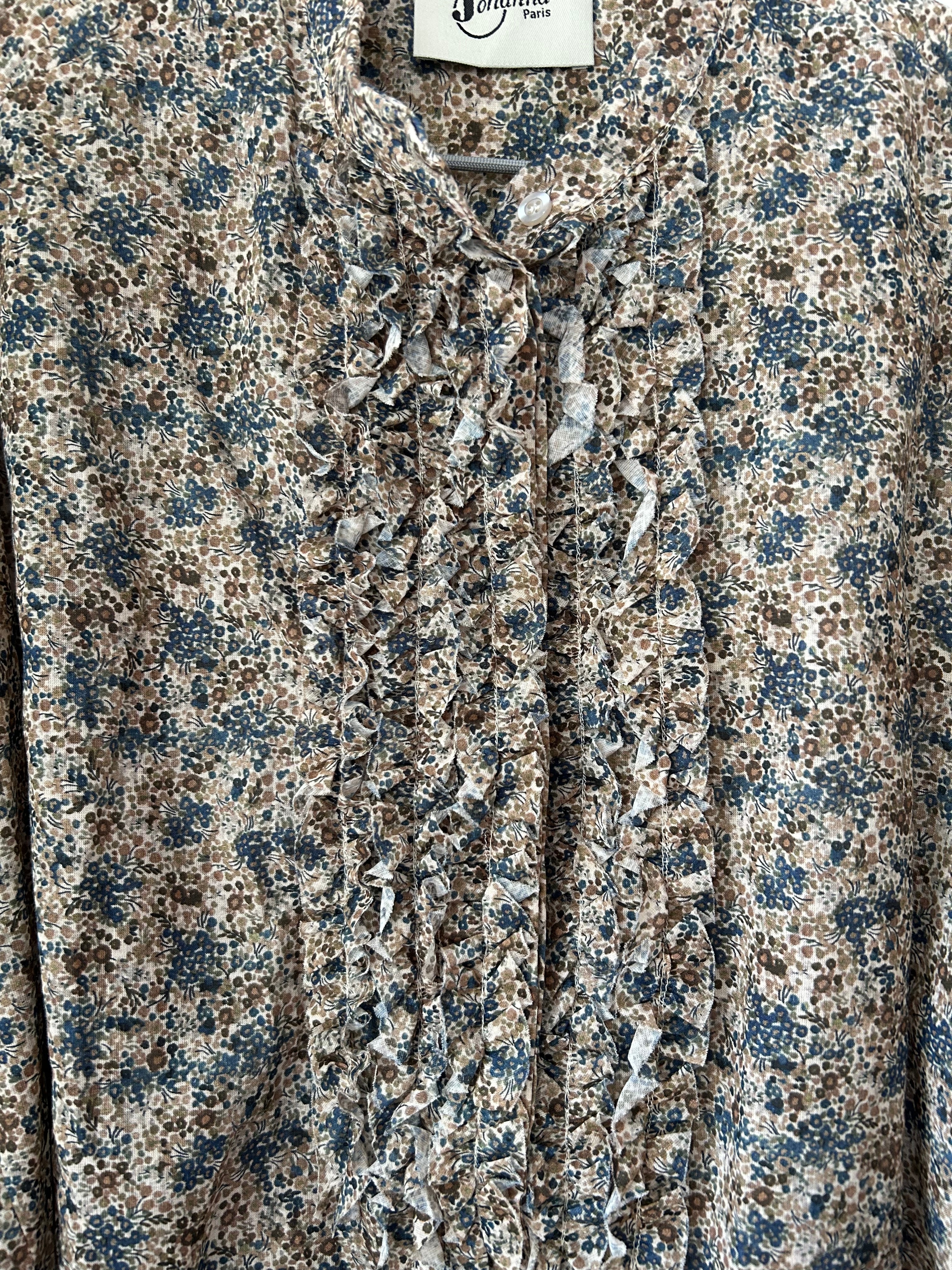 Blümchen-Bluse mit Rüschen - grau-blau