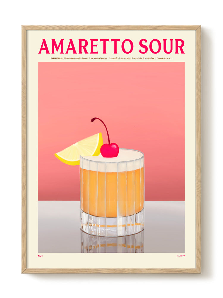 Frontalansicht des Amaretto Sour Posters mit leuchtender Cocktail-Illustration