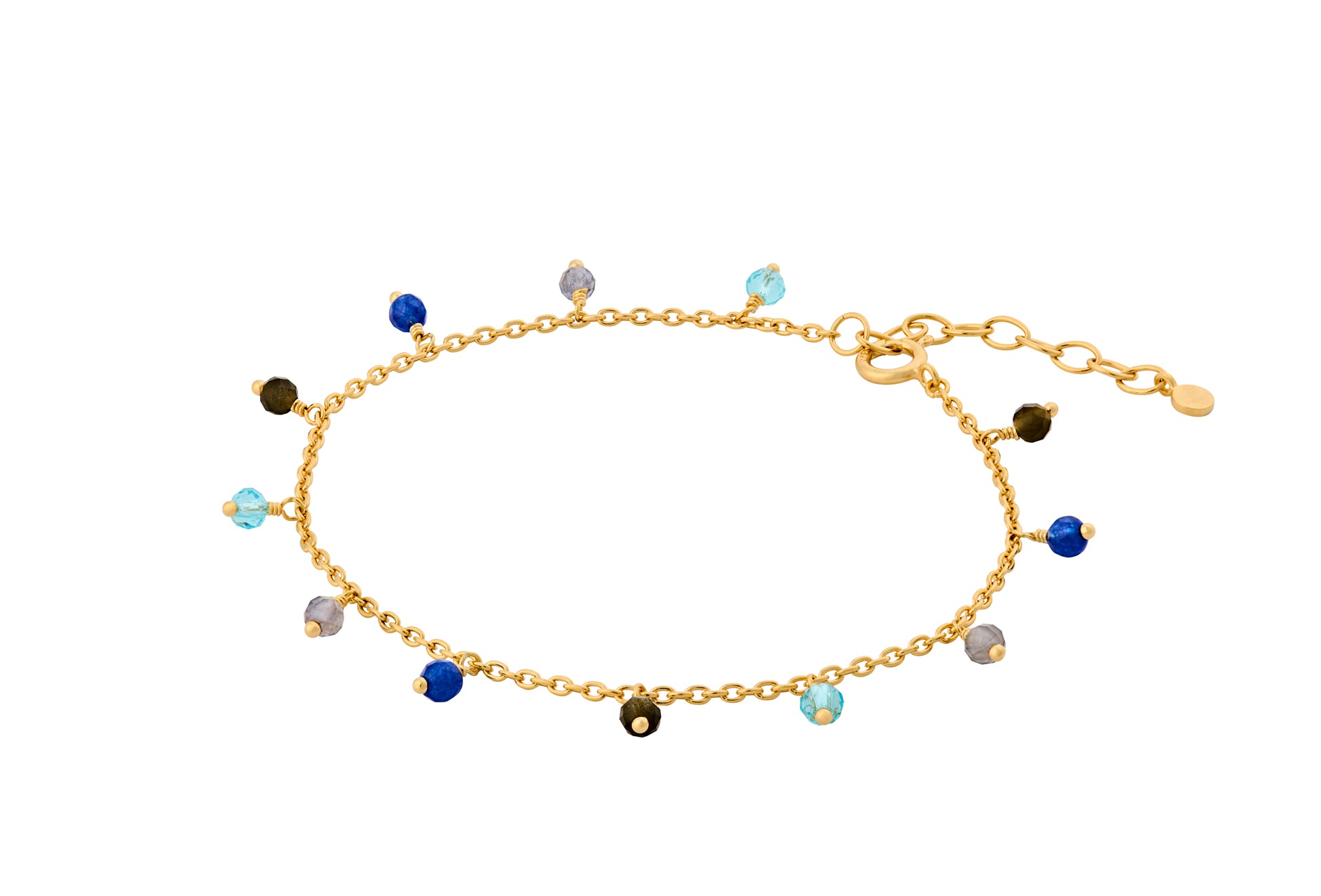 Armband Blue Hour Gold mit blauen und goldenen Edelsteinen – Frontansicht Pernille Corydon