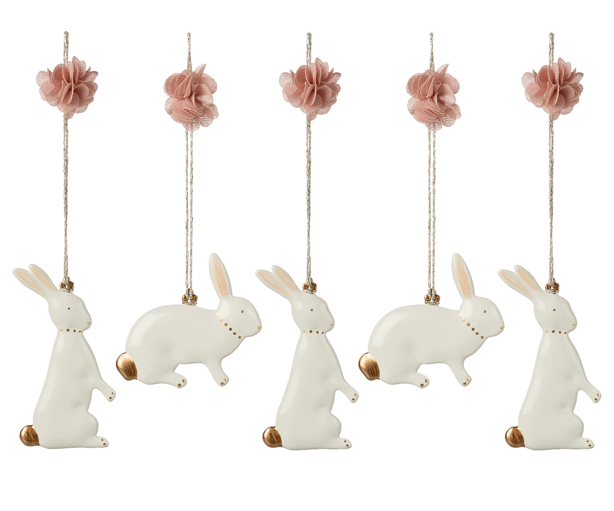 Metallornamente Osterhasen – 5er Set mit Pompon-Details