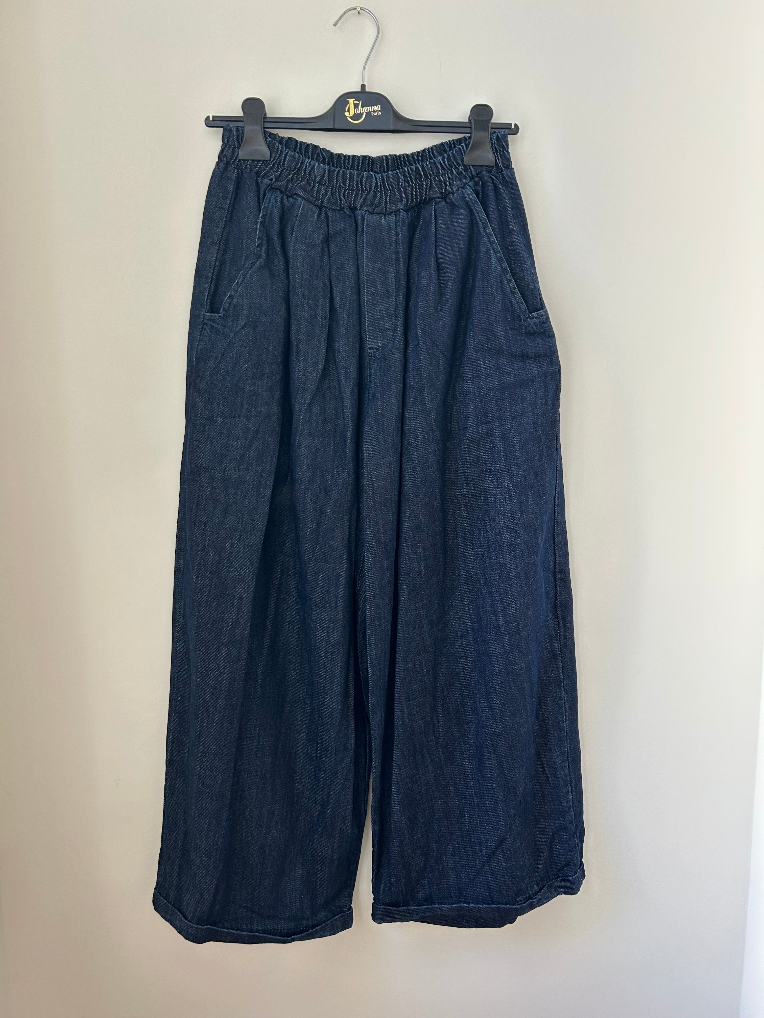 Damen Culotte Palazzo-Hose in Dark Denim, weite Passform und Gummibund, Frontansicht