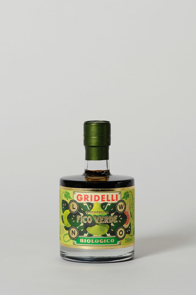 Detailaufnahme Gridelli Aceto Balsamico Fico Verde – edles Etikett und nachhaltiges Design