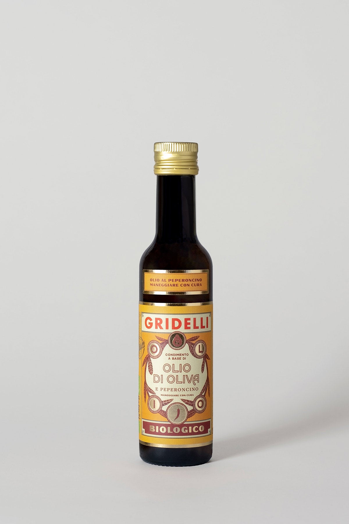 Detailaufnahme Gridelli Olio al Peperoncino – feuriges Bio Olivenöl mit Peperoncino