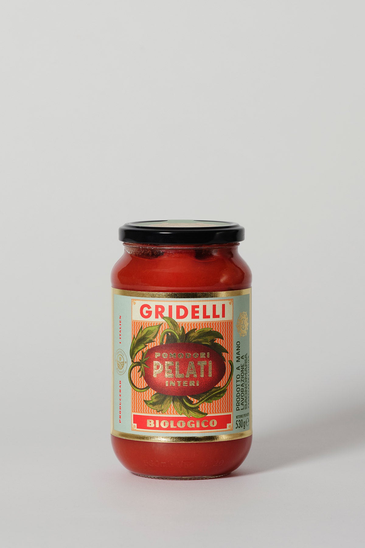 Detailaufnahme Gridelli Pomodori Pelati – geschälte Roma-Bio-Tomaten in Tomatensaft