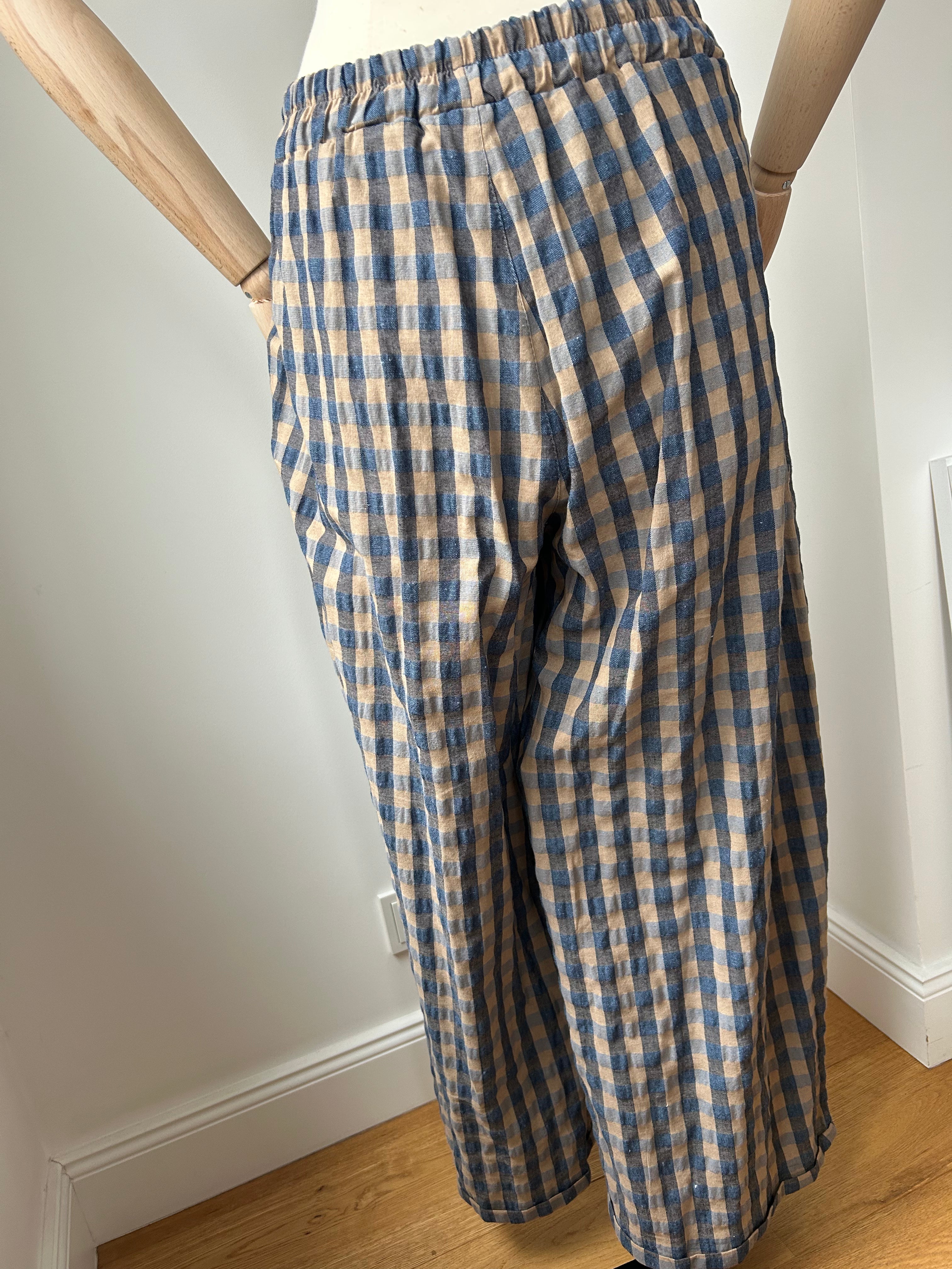 Karohose - hellbraun - blau