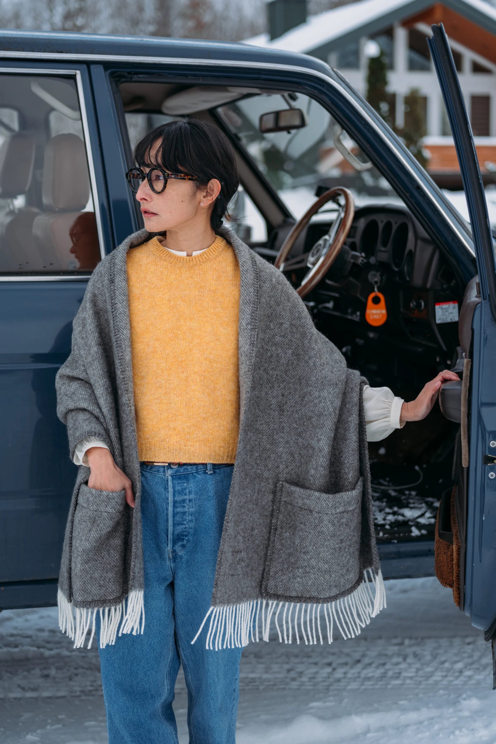 Wollschal Arvo mit Taschen - White-Melange Grey