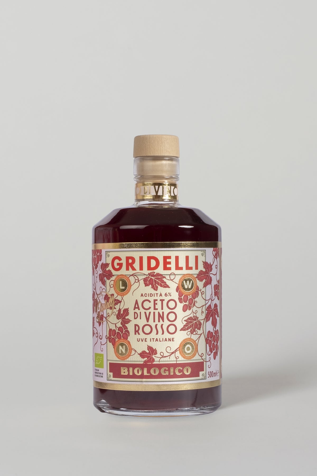 Detailaufnahme der Gridelli Aceto di Vino Rosso Bio Flasche – Premium Rotweinessig