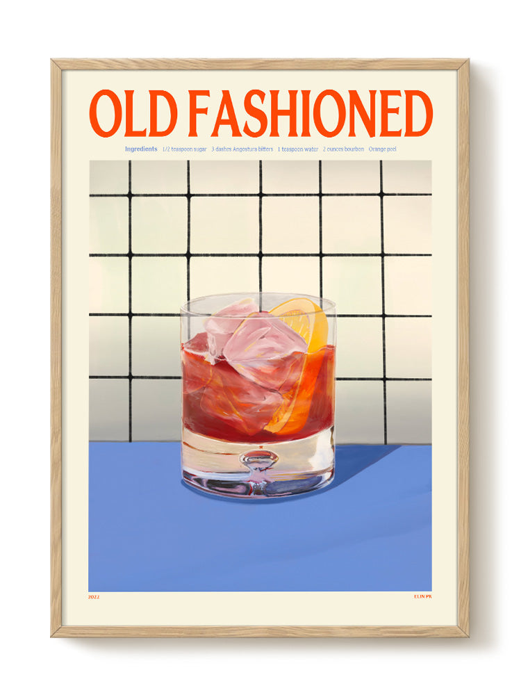 Frontalansicht des Old Fashioned Cocktail-Posters in kräftigen Farben 