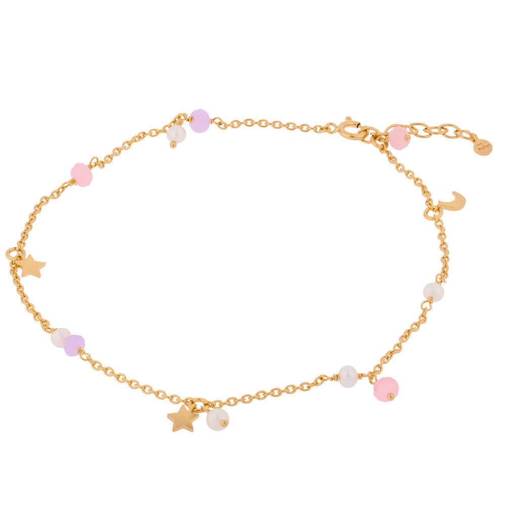 Pernille Corydon Pastel Dream Fußkettchen Gold mit lila und rosa Achat sowie Süßwasserperlen – Frontansicht
