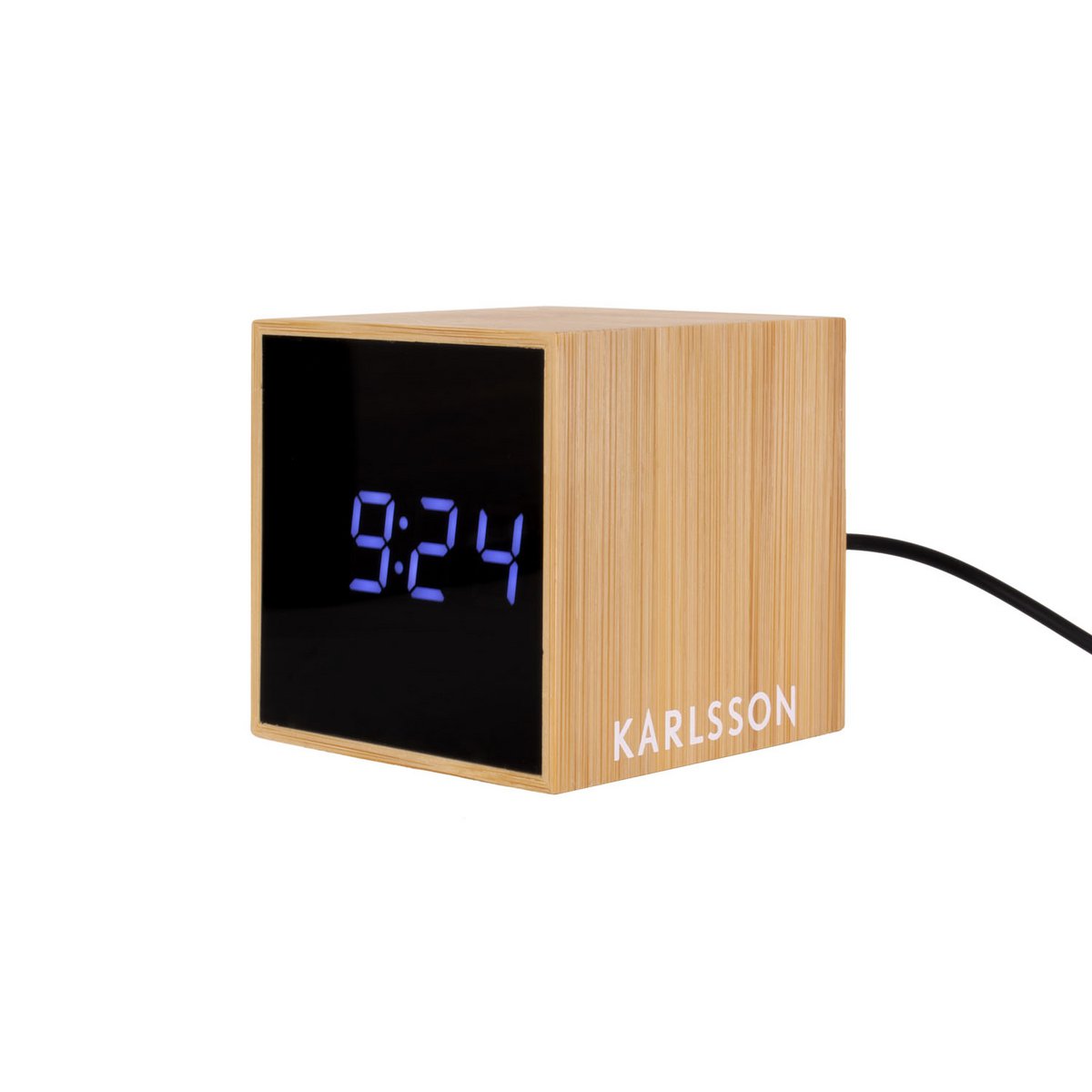 Schräge Perspektive des Mini Cube Bambus-Weckers mit LED-Anzeige