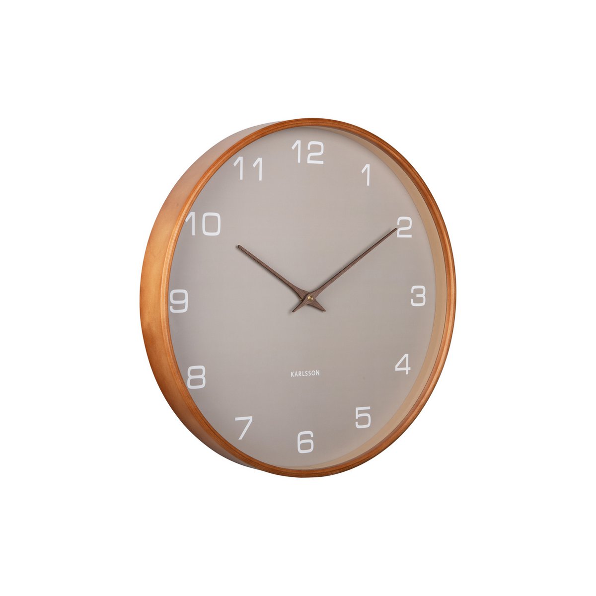 Schrägansicht der grauen Wanduhr Acento mit Holzgehäuse