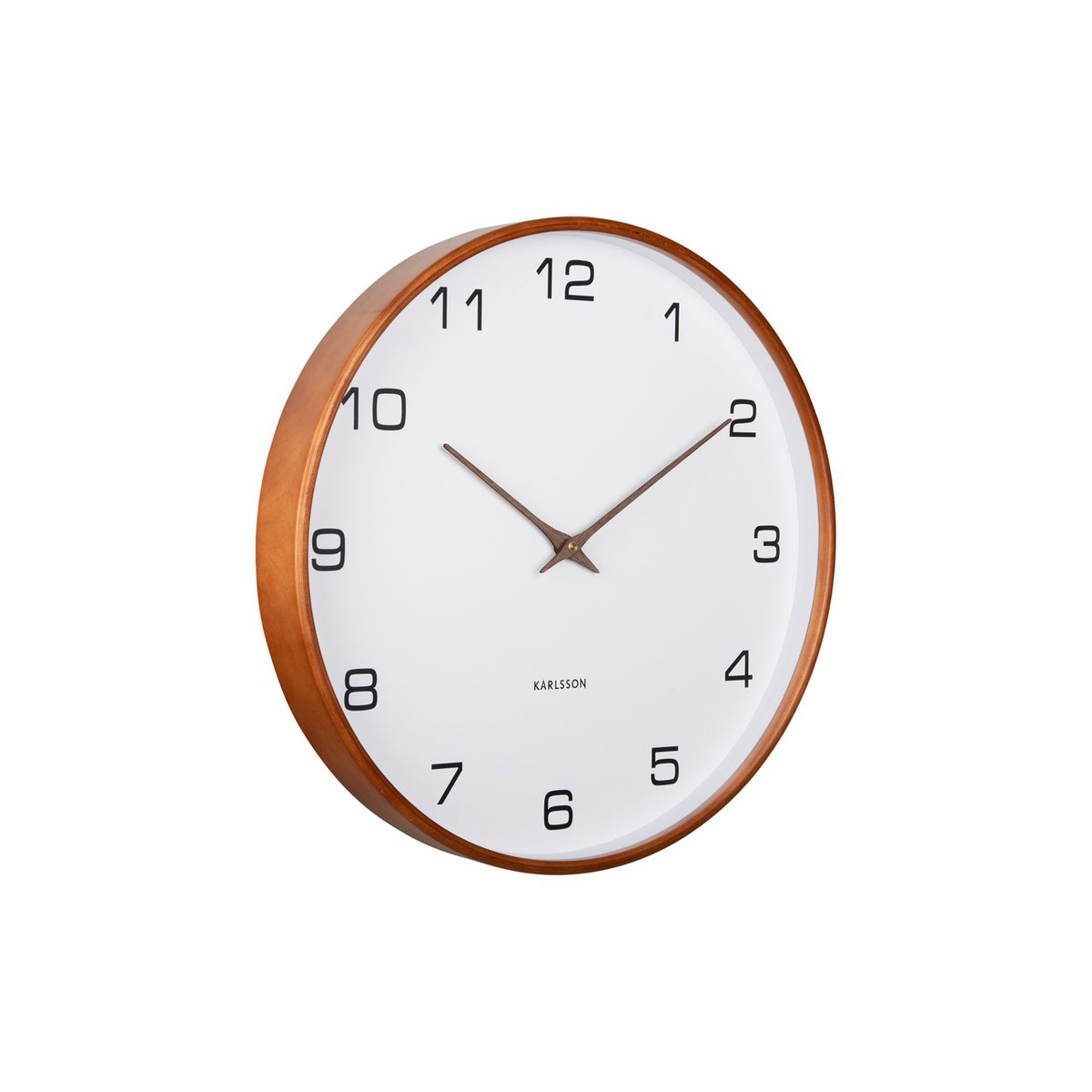Schrägansicht der Mid-Century-Wanduhr Acento aus Holz